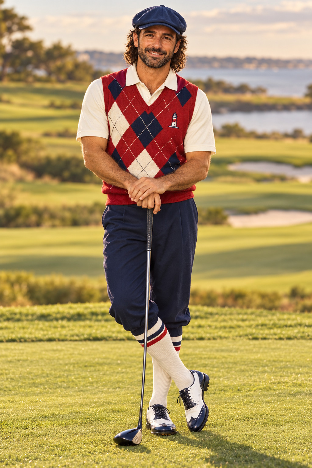 Landon smiling in navy golf knickers and a red argyle vest, leaning on a golf club